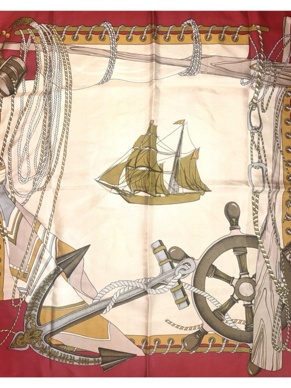 Vtg NAUTICAL SILK SCARF Ship Sailing Anchor Pulley Rope Red Gold White - 30"x30"